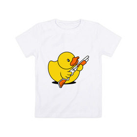 Детская футболка хлопок с принтом Утенок с ружъем в Кировске, 100% хлопок | круглый вырез горловины, полуприлегающий силуэт, длина до линии бедер | обрез | ружье | утенок | утка | уточка