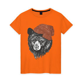Женская футболка хлопок с принтом Медведь стиляга в Кировске, 100% хлопок | прямой крой, круглый вырез горловины, длина до линии бедер, слегка спущенное плечо | 