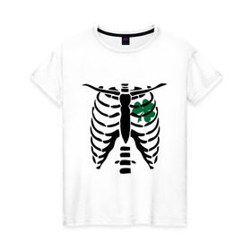 Женская футболка хлопок с принтом Скелет и клевер в Кировске, 100% хлопок | прямой крой, круглый вырез горловины, длина до линии бедер, слегка спущенное плечо | скелет