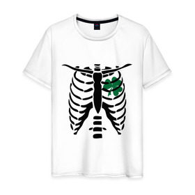 Мужская футболка хлопок с принтом Скелет и клевер в Кировске, 100% хлопок | прямой крой, круглый вырез горловины, длина до линии бедер, слегка спущенное плечо. | скелет