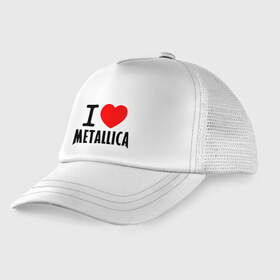 Детская кепка тракер с принтом I love Metallica в Кировске, Козырек - 100% хлопок. Кепка - 100% полиэстер, Задняя часть - сетка | универсальный размер, пластиковая застёжка | Тематика изображения на принте: металлика
