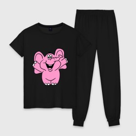 Женская пижама хлопок с принтом Розовый слон в Кировске, 100% хлопок | брюки и футболка прямого кроя, без карманов, на брюках мягкая резинка на поясе и по низу штанин | Тематика изображения на принте: слон