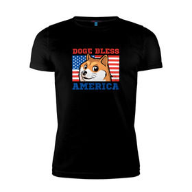Мужская футболка премиум с принтом Doge bless America в Кировске, 92% хлопок, 8% лайкра | приталенный силуэт, круглый вырез ворота, длина до линии бедра, короткий рукав | dog | mem | америка | лайка | собака | сша