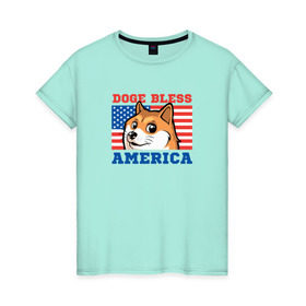 Женская футболка хлопок с принтом Doge bless America в Кировске, 100% хлопок | прямой крой, круглый вырез горловины, длина до линии бедер, слегка спущенное плечо | dog | mem | америка | лайка | собака | сша