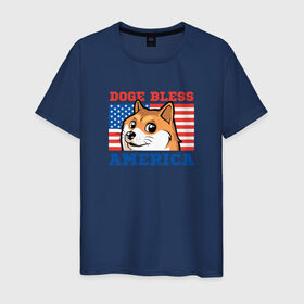Мужская футболка хлопок с принтом Doge bless America в Кировске, 100% хлопок | прямой крой, круглый вырез горловины, длина до линии бедер, слегка спущенное плечо. | dog | mem | америка | лайка | собака | сша