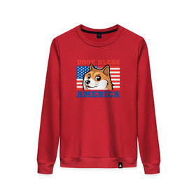 Женский свитшот хлопок с принтом Doge bless America в Кировске, 100% хлопок | прямой крой, круглый вырез, на манжетах и по низу широкая трикотажная резинка  | dog | mem | америка | лайка | собака | сша