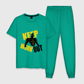 Мужская пижама хлопок с принтом Keep workout (тренируйся) в Кировске, 100% хлопок | брюки и футболка прямого кроя, без карманов, на брюках мягкая резинка на поясе и по низу штанин
 | keep | out | work | тренируйся
