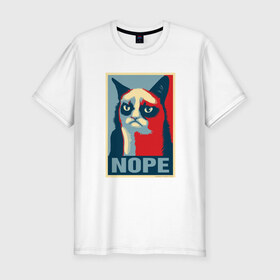 Мужская футболка премиум с принтом Grumpy Cat NOPE в Кировске, 92% хлопок, 8% лайкра | приталенный силуэт, круглый вырез ворота, длина до линии бедра, короткий рукав | Тематика изображения на принте: grumpy cat | nope
