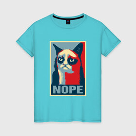 Женская футболка хлопок с принтом Grumpy Cat NOPE в Кировске, 100% хлопок | прямой крой, круглый вырез горловины, длина до линии бедер, слегка спущенное плечо | Тематика изображения на принте: grumpy cat | nope