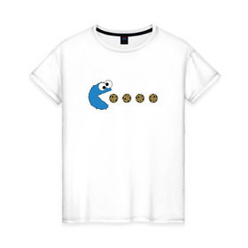 Женская футболка хлопок с принтом Печеньки в Кировске, 100% хлопок | прямой крой, круглый вырез горловины, длина до линии бедер, слегка спущенное плечо | pacman | игра | монстр | улица сезам