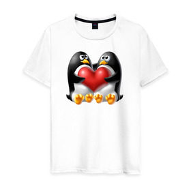 Мужская футболка хлопок с принтом Влюбленные пингвины в Кировске, 100% хлопок | прямой крой, круглый вырез горловины, длина до линии бедер, слегка спущенное плечо. | . любовь | влюбленные пингвины с сердцемвлюбленные | пингвины | сердце