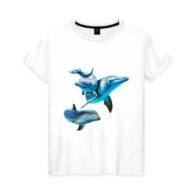 Женская футболка хлопок с принтом Дельфины в Кировске, 100% хлопок | прямой крой, круглый вырез горловины, длина до линии бедер, слегка спущенное плечо | die antwoord