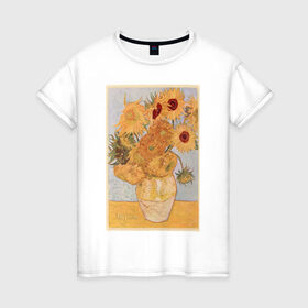 Женская футболка хлопок с принтом ArtJersey в Кировске, 100% хлопок | прямой крой, круглый вырез горловины, длина до линии бедер, слегка спущенное плечо | винсент ван гог «подсолнухи»@