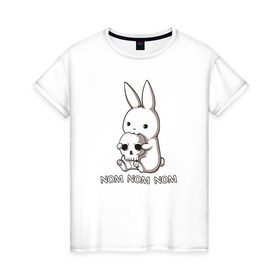 Женская футболка хлопок с принтом Кролик с черепом в Кировске, 100% хлопок | прямой крой, круглый вырез горловины, длина до линии бедер, слегка спущенное плечо | @ | заяц | картинка | кролик | прикол | череп
