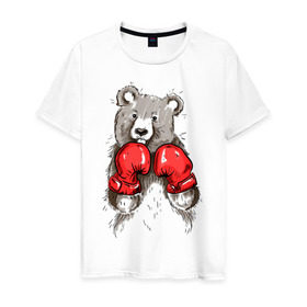 Мужская футболка хлопок с принтом Russia boxing в Кировске, 100% хлопок | прямой крой, круглый вырез горловины, длина до линии бедер, слегка спущенное плечо. | boxing | бокс | медведь | мишка | перчатки | спорт