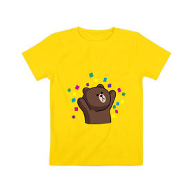 Детская футболка хлопок с принтом Стикер Line мишка в Кировске, 100% хлопок | круглый вырез горловины, полуприлегающий силуэт, длина до линии бедер | медведь | радость | стикер line