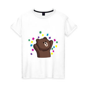Женская футболка хлопок с принтом Стикер Line мишка в Кировске, 100% хлопок | прямой крой, круглый вырез горловины, длина до линии бедер, слегка спущенное плечо | медведь | радость | стикер line