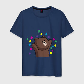 Мужская футболка хлопок с принтом Стикер Line мишка в Кировске, 100% хлопок | прямой крой, круглый вырез горловины, длина до линии бедер, слегка спущенное плечо. | медведь | радость | стикер line