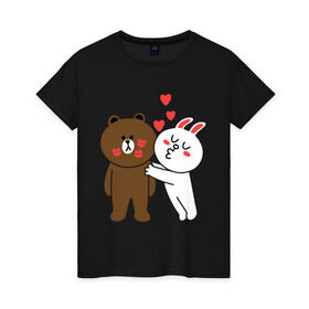 Женская футболка хлопок с принтом Стикер Line в Кировске, 100% хлопок | прямой крой, круглый вырез горловины, длина до линии бедер, слегка спущенное плечо | заяц | медведь | поцелуй | сердечки | стикер line