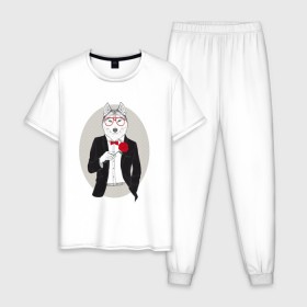Мужская пижама хлопок с принтом Волк в смокинге в Кировске, 100% хлопок | брюки и футболка прямого кроя, без карманов, на брюках мягкая резинка на поясе и по низу штанин
 | джентльмен | костюм | хипстер