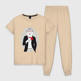 Женская пижама хлопок с принтом Волк в смокинге в Кировске, 100% хлопок | брюки и футболка прямого кроя, без карманов, на брюках мягкая резинка на поясе и по низу штанин | джентльмен | костюм | хипстер