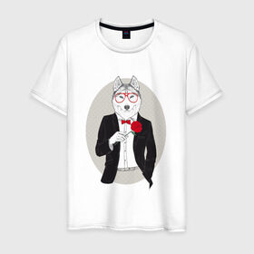 Мужская футболка хлопок с принтом Волк в смокинге в Кировске, 100% хлопок | прямой крой, круглый вырез горловины, длина до линии бедер, слегка спущенное плечо. | Тематика изображения на принте: джентльмен | костюм | хипстер