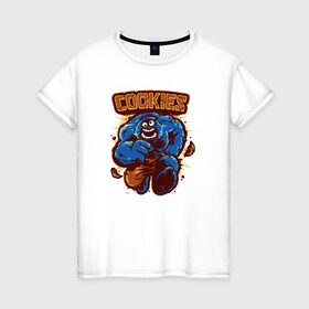 Женская футболка хлопок с принтом Печеньки в Кировске, 100% хлопок | прямой крой, круглый вырез горловины, длина до линии бедер, слегка спущенное плечо | cookie | коржик | монстр | печенье | улица сезам