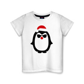 Детская футболка хлопок с принтом Крутой пингвин дед мороз в Кировске, 100% хлопок | круглый вырез горловины, полуприлегающий силуэт, длина до линии бедер | крутой пингвин дед морозкрутой пингвин дед мороз новый год