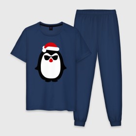 Мужская пижама хлопок с принтом Крутой пингвин дед мороз в Кировске, 100% хлопок | брюки и футболка прямого кроя, без карманов, на брюках мягкая резинка на поясе и по низу штанин
 | Тематика изображения на принте: крутой пингвин дед морозкрутой пингвин дед мороз новый год