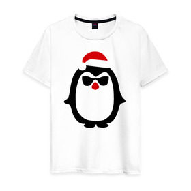 Мужская футболка хлопок с принтом Крутой пингвин дед мороз в Кировске, 100% хлопок | прямой крой, круглый вырез горловины, длина до линии бедер, слегка спущенное плечо. | крутой пингвин дед морозкрутой пингвин дед мороз новый год