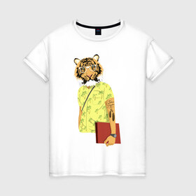 Женская футболка хлопок с принтом Тигр хипстер в Кировске, 100% хлопок | прямой крой, круглый вырез горловины, длина до линии бедер, слегка спущенное плечо | 