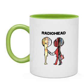 Кружка двухцветная с принтом Radiohead в Кировске, керамика | объем — 330 мл, диаметр — 80 мм. Цветная ручка и кайма сверху, в некоторых цветах — вся внутренняя часть | Тематика изображения на принте: creep | emi | radiohead | rok