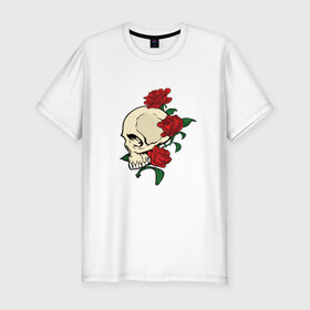 Мужская футболка премиум с принтом Skull & roses в Кировске, 92% хлопок, 8% лайкра | приталенный силуэт, круглый вырез ворота, длина до линии бедра, короткий рукав | Тематика изображения на принте: розы