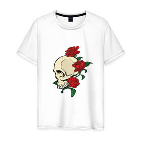 Мужская футболка хлопок с принтом Skull & roses в Кировске, 100% хлопок | прямой крой, круглый вырез горловины, длина до линии бедер, слегка спущенное плечо. | Тематика изображения на принте: розы