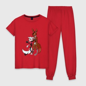 Женская пижама хлопок с принтом Foxy and sister в Кировске, 100% хлопок | брюки и футболка прямого кроя, без карманов, на брюках мягкая резинка на поясе и по низу штанин | Тематика изображения на принте: fnaf | фнаф