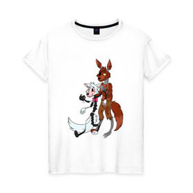 Женская футболка хлопок с принтом Foxy and sister в Кировске, 100% хлопок | прямой крой, круглый вырез горловины, длина до линии бедер, слегка спущенное плечо | Тематика изображения на принте: fnaf | фнаф