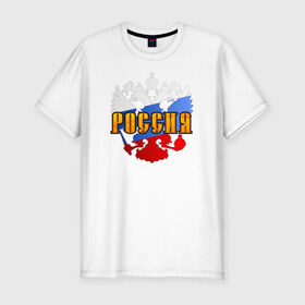 Мужская футболка премиум с принтом Россия триколор в Кировске, 92% хлопок, 8% лайкра | приталенный силуэт, круглый вырез ворота, длина до линии бедра, короткий рукав | отличный подарок для настоящего патриотагоржусь. герб | флаг. держава