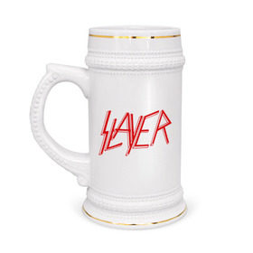 Кружка пивная с принтом Slayer logo в Кировске,  керамика (Материал выдерживает высокую температуру, стоит избегать резкого перепада температур) |  объем 630 мл | alternative rock | pank | punk | rock | slayer | альтернативный рок | метал | панк | рок | слаер | тяжелая музыка | хард рок | хеви метал