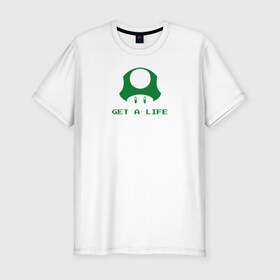 Мужская футболка премиум с принтом Mario Mushroom в Кировске, 92% хлопок, 8% лайкра | приталенный силуэт, круглый вырез ворота, длина до линии бедра, короткий рукав | lvl up | nintendo | гриб | жизнь | марио | нинтендо