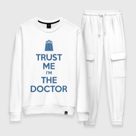 Женский костюм хлопок с принтом Trust me Im the doctor в Кировске, 100% хлопок | на свитшоте круглая горловина, мягкая резинка по низу. Брюки заужены к низу, на них два вида карманов: два 