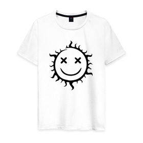 Мужская футболка хлопок с принтом Символ - позитивное солнце в Кировске, 100% хлопок | прямой крой, круглый вырез горловины, длина до линии бедер, слегка спущенное плечо. | звезда | позитив | прикольный | смайл | солнце | улыбка