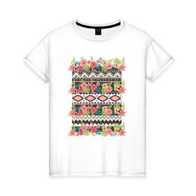 Женская футболка хлопок с принтом Flower pattern в Кировске, 100% хлопок | прямой крой, круглый вырез горловины, длина до линии бедер, слегка спущенное плечо | 