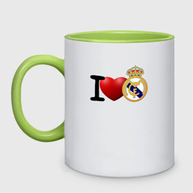 Кружка двухцветная с принтом Love Real Madrid в Кировске, керамика | объем — 330 мл, диаметр — 80 мм. Цветная ручка и кайма сверху, в некоторых цветах — вся внутренняя часть | love | real madrid | реал мадрид | спорт | футбол