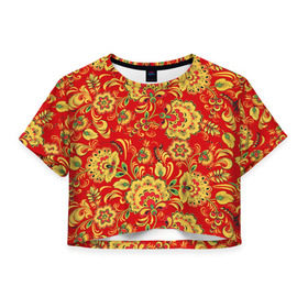 Женская футболка 3D укороченная с принтом Хохлома в Кировске, 100% полиэстер | круглая горловина, длина футболки до линии талии, рукава с отворотами | роспись | узор