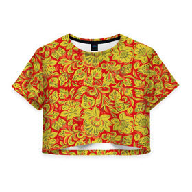 Женская футболка 3D укороченная с принтом Хохлома в Кировске, 100% полиэстер | круглая горловина, длина футболки до линии талии, рукава с отворотами | роспись | узор | хохлома