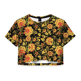 Женская футболка 3D укороченная с принтом Хохлома в Кировске, 100% полиэстер | круглая горловина, длина футболки до линии талии, рукава с отворотами | роспись | узор | хохлома