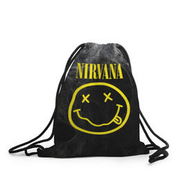 Рюкзак-мешок 3D с принтом Nirvana в Кировске, 100% полиэстер | плотность ткани — 200 г/м2, размер — 35 х 45 см; лямки — толстые шнурки, застежка на шнуровке, без карманов и подкладки | cobain | curt | nirvana | rock | smile | кобейн | курт | рок | смайл
