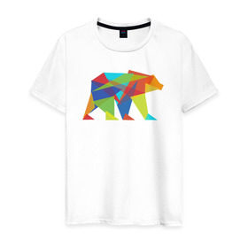 Мужская футболка хлопок с принтом Fractal geometric bear в Кировске, 100% хлопок | прямой крой, круглый вырез горловины, длина до линии бедер, слегка спущенное плечо. | Тематика изображения на принте: fractal geometric bear медведь миша треугольн