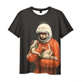 Мужская футболка 3D с принтом Гагарин в Кировске, 100% полиэфир | прямой крой, круглый вырез горловины, длина до линии бедер | гагарин | космос. россия | поехали | полет | собака | ссср