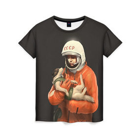 Женская футболка 3D с принтом Гагарин в Кировске, 100% полиэфир ( синтетическое хлопкоподобное полотно) | прямой крой, круглый вырез горловины, длина до линии бедер | гагарин | космос. россия | поехали | полет | собака | ссср